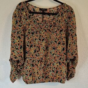 Jessica Simpson Multicolor Blouse Flowers Red Teal Yellow Long Sleeve Sz Medium